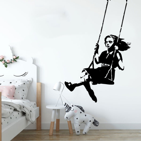 Large Banksy Swinging Girl Wall Sticker Nursery Kids Room Graffitti Street Culture Banksy Wall Decal Bedroom Vinyl Decor