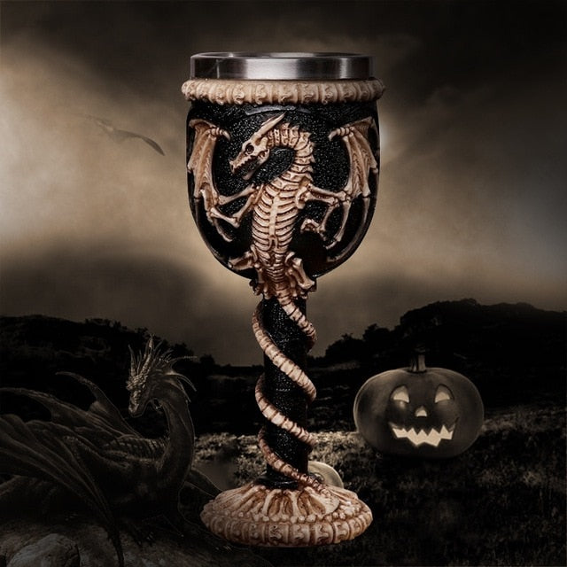 3D Gothic Skull Cup Stainless Steel Resin Fly Dragon Skeleton Design for Bar Party Home Wine Goblet Cups Halloween Gifts