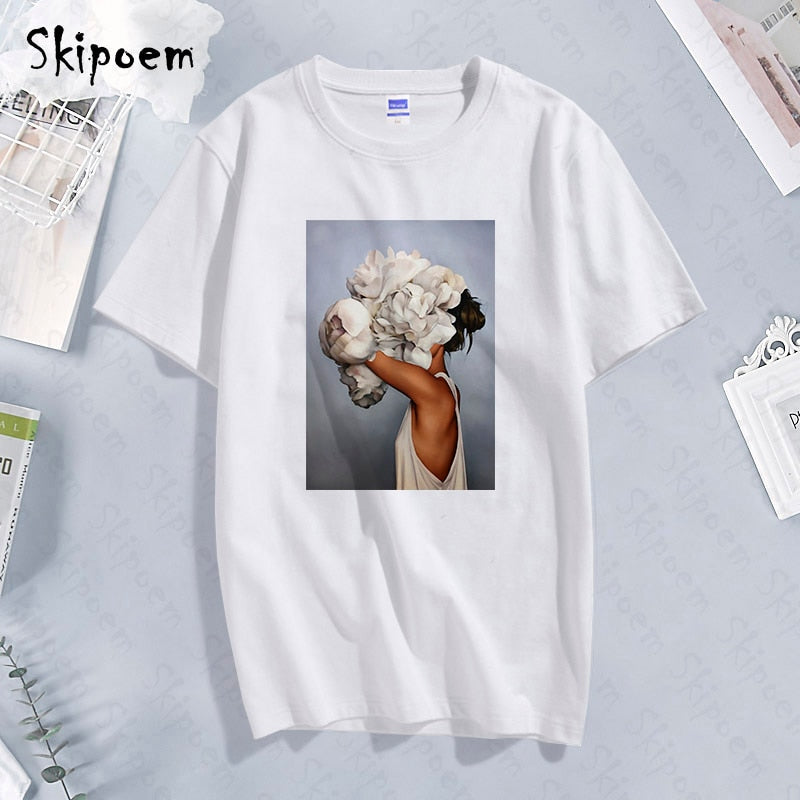 New Cotton Harajuku Aesthetics Tshirt Sexy Flowers Feather Print Short Sleeve Tops & Tees Fashion Casual Couple T Shirt